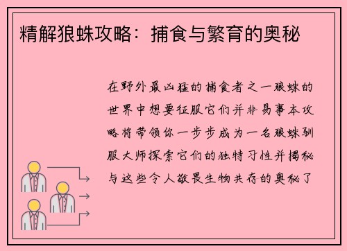 精解狼蛛攻略：捕食与繁育的奥秘