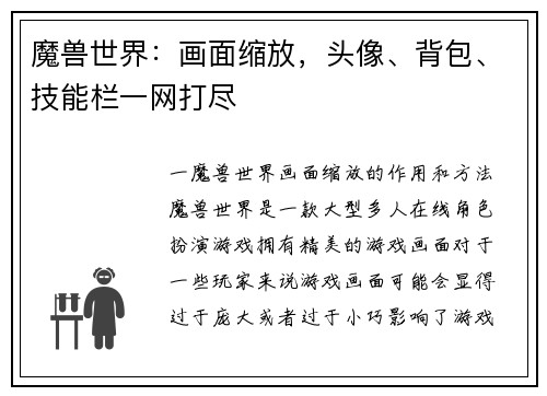 魔兽世界：画面缩放，头像、背包、技能栏一网打尽